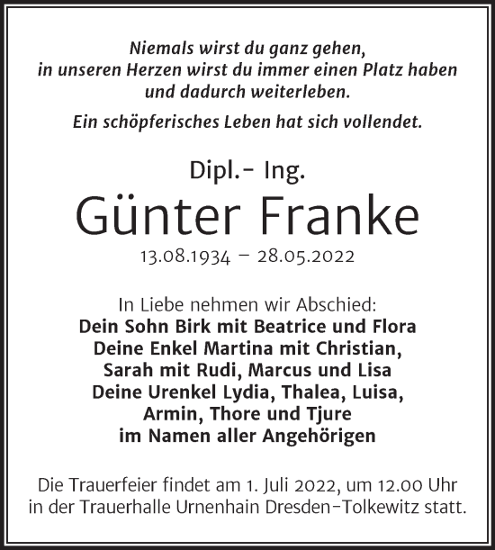 Traueranzeige von Günter Franke von Mitteldeutsche Zeitung Halle/Saalkreis
