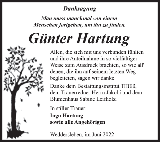 Traueranzeige von Günter Hartung von Trauerkombi Quedlinburg