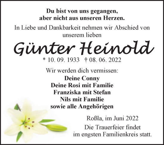 Traueranzeige von Günter Heinold von Mitteldeutsche Zeitung Sangerhausen