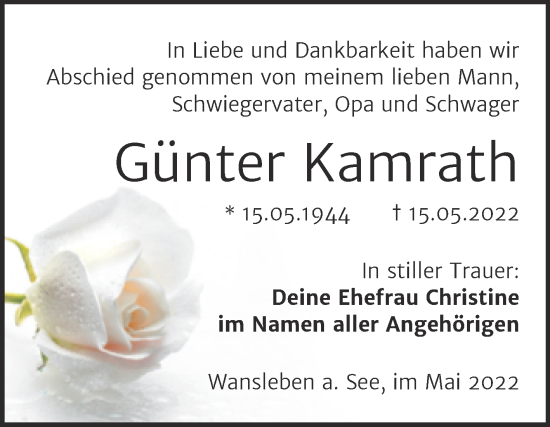 Traueranzeige von Günter Kamrath von Trauerkombi Mansfelder Land