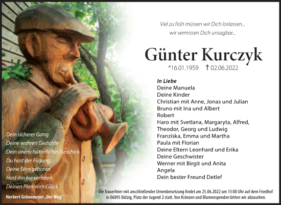 Traueranzeige von Günter Kurczyk von Trauerkombi Quedlinburg