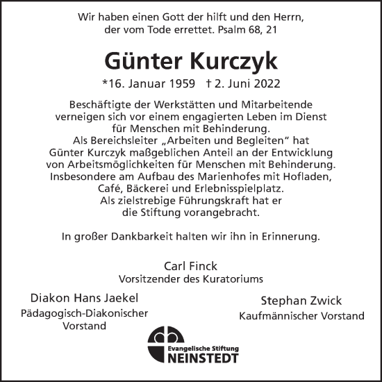Traueranzeige von Günter Kurczyk von Mitteldeutsche Zeitung Quedlingburg