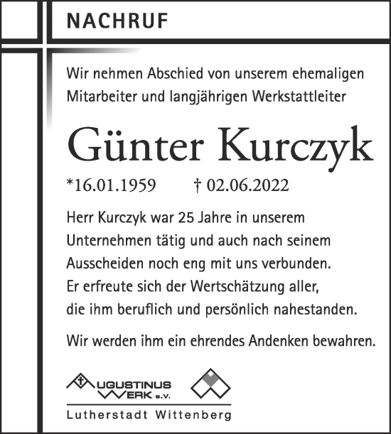 Traueranzeige von Günter Kurczyk von Super Sonntag Wittenberg