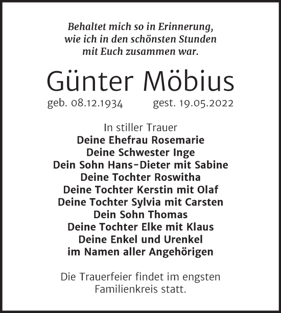 Traueranzeige von Günter Möbius von Trauerkombi Wittenberg