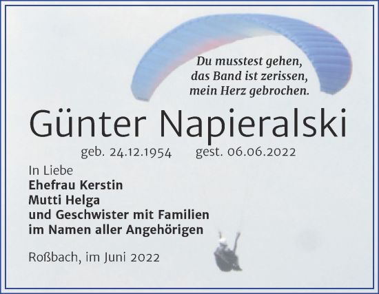 Traueranzeige von Günter Napieralski von Trauerkombi Merseburg