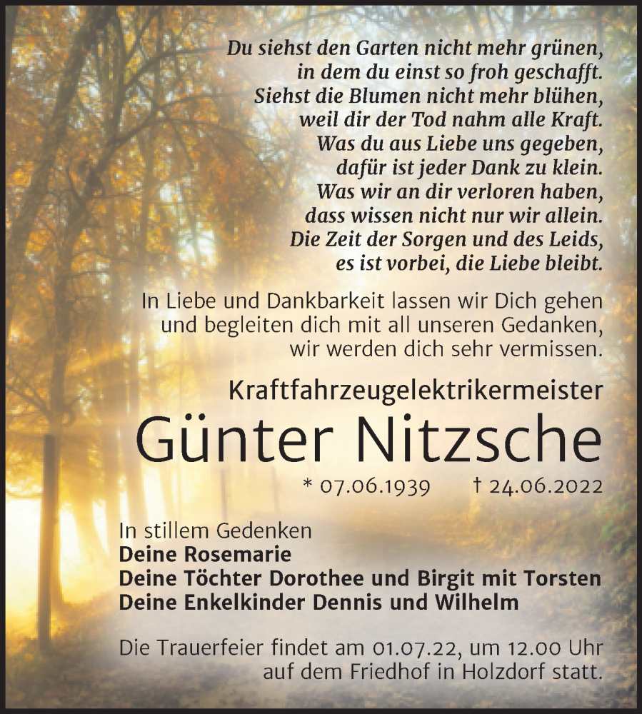  Traueranzeige für Günter Nitzsche vom 29.06.2022 aus Mitteldeutsche Zeitung