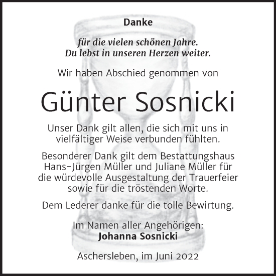 Traueranzeige von Günter Sosnicki von Trauerkombi Aschersleben