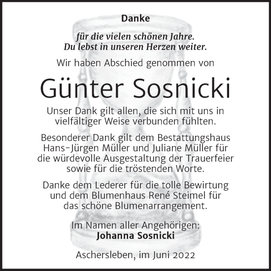 Traueranzeige von Günter Sosnicki von Trauerkombi Aschersleben