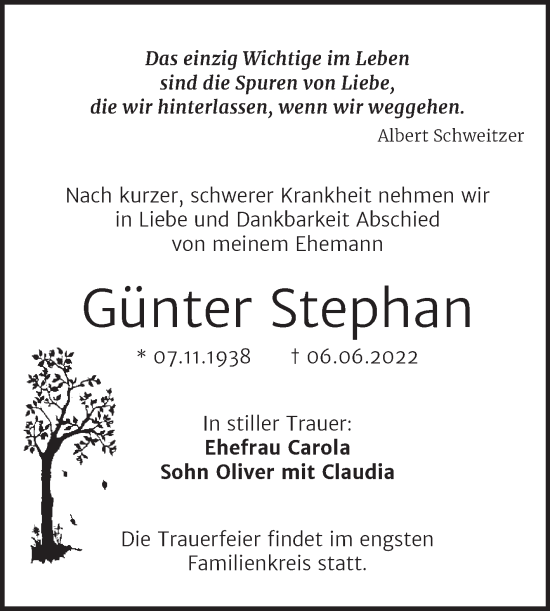 Traueranzeige von Günter Stephan von Trauerkombi Dessau