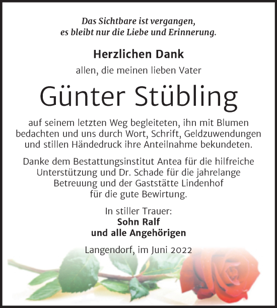 Traueranzeige von Günter Stübling von Trauerkombi Weißenfels