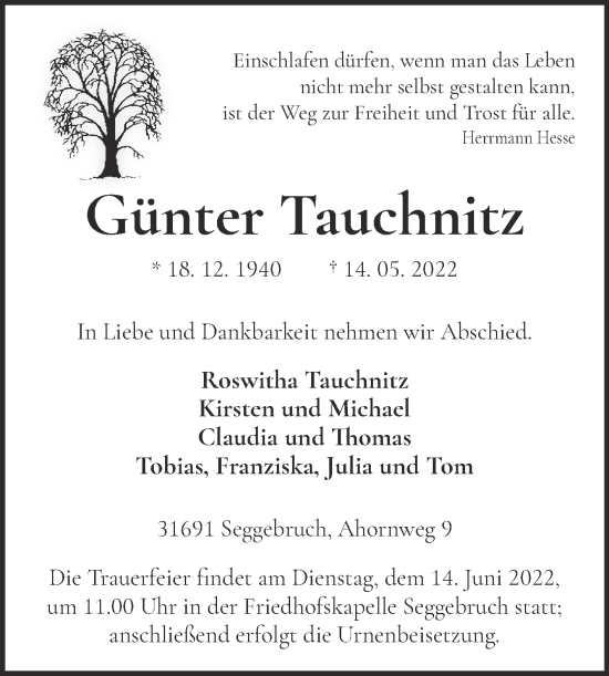 Traueranzeige von Günter Tauchnitz von Trauerkombi Aschersleben