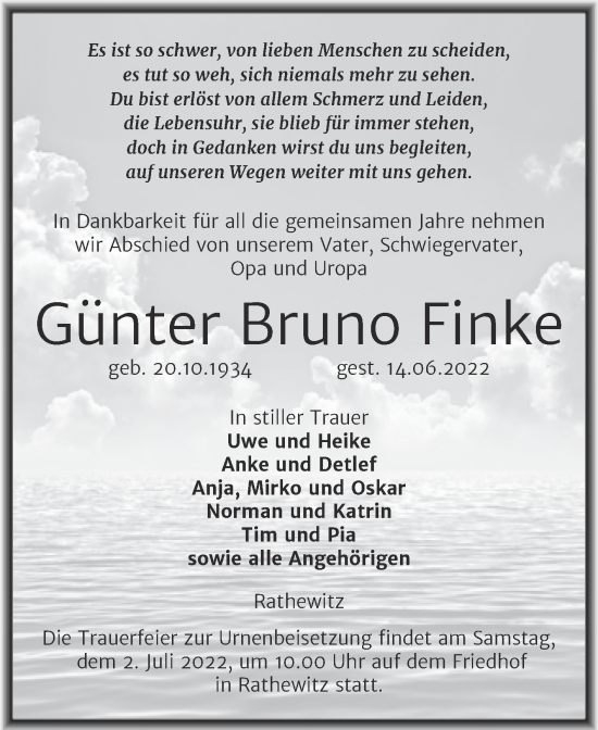 Traueranzeige von Günter Bruno Finke von Wochenspiegel Naumburg/Nebra