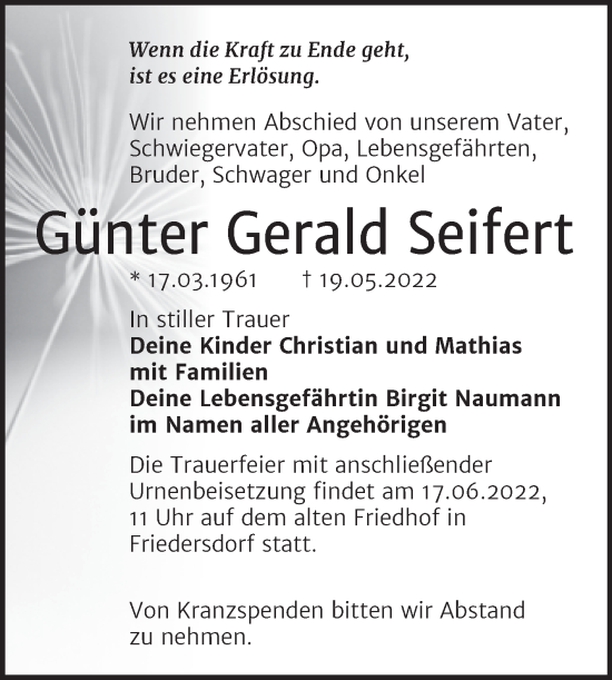 Traueranzeige von Günter Gerald Seifert von Trauerkombi Bitterfeld