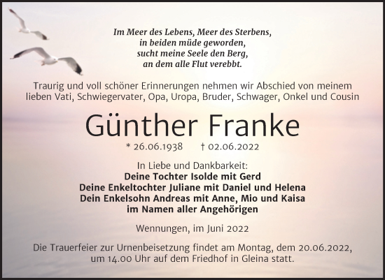 Traueranzeige von Günther Franke von Wochenspiegel Naumburg/Nebra