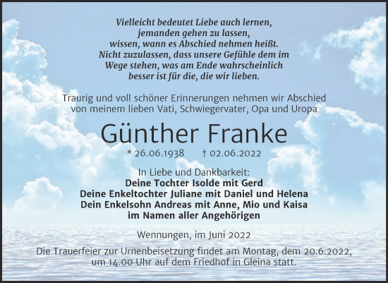 Traueranzeige von Günther Franke von Naumburger Tageblatt