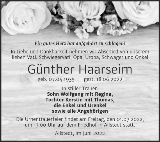 Traueranzeige von Günther Haarseim von Super Sonntag Sangerhausen