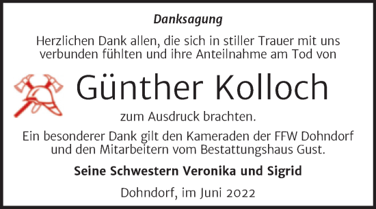 Traueranzeige von Günther Kolloch von Trauerkombi Köthen