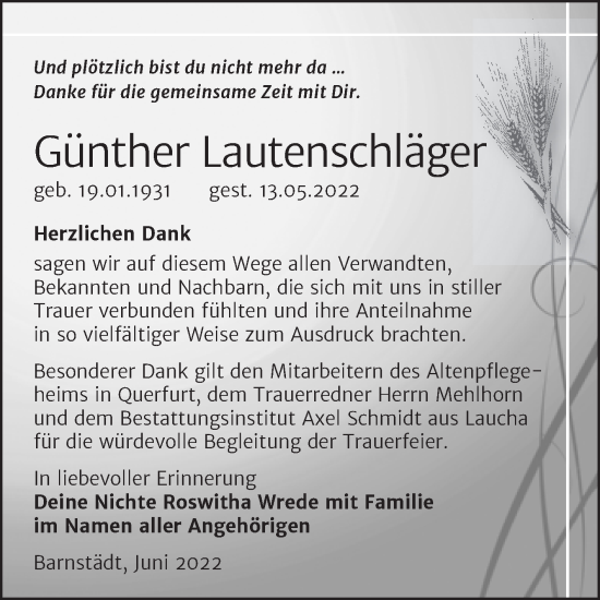 Traueranzeige von Günther Lautenschläger von Trauerkombi Merseburg