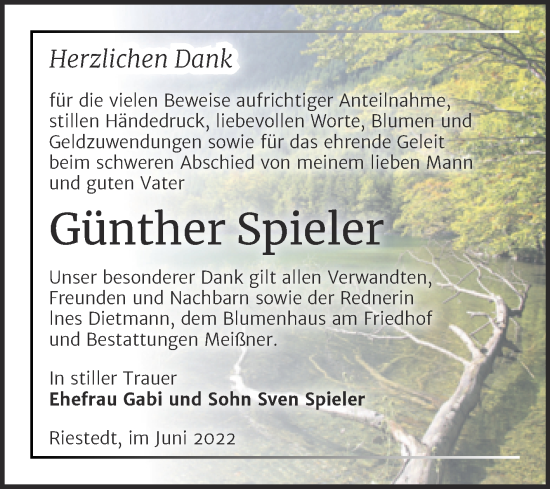Traueranzeige von Günther Spieler von Trauerkombi Sangerhausen
