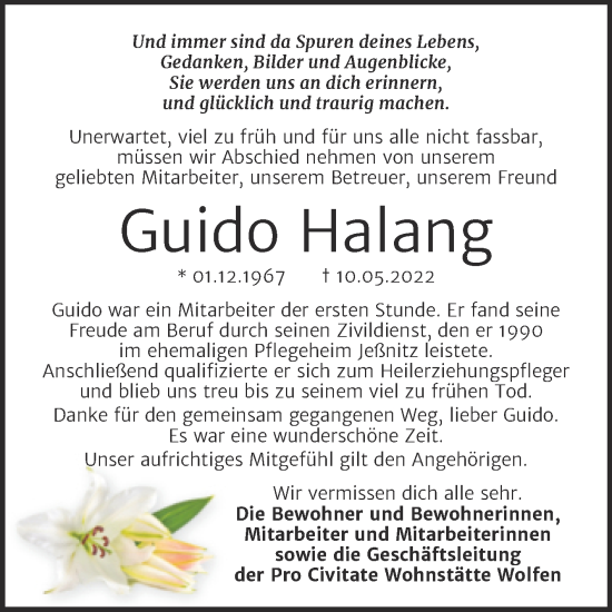 Traueranzeige von Guido Halang von Wochenspiegel Bitterfeld