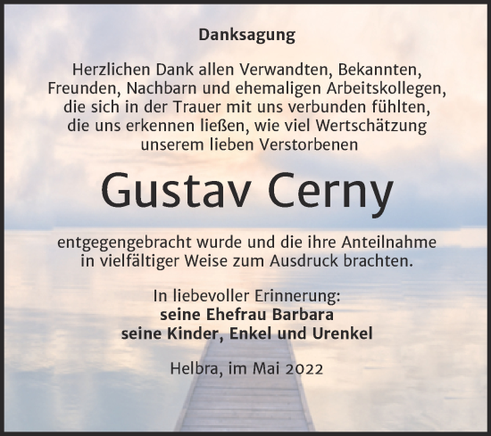 Traueranzeige von Gustav Cerny von Trauerkombi Mansfelder Land