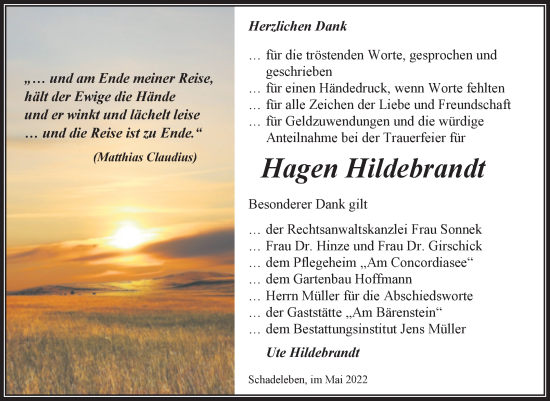 Traueranzeige von Hagen Hildebrandt von Trauerkombi Aschersleben