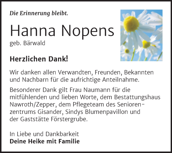 Traueranzeige von Hanna Nopens von Trauerkombi Bitterfeld