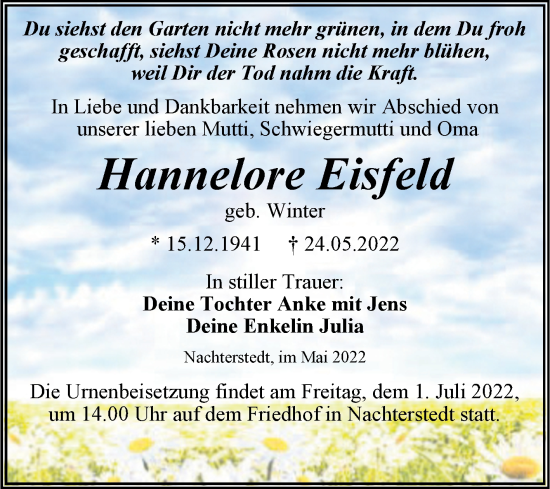 Traueranzeige von Hannelore Eisfeld von Trauerkombi Aschersleben