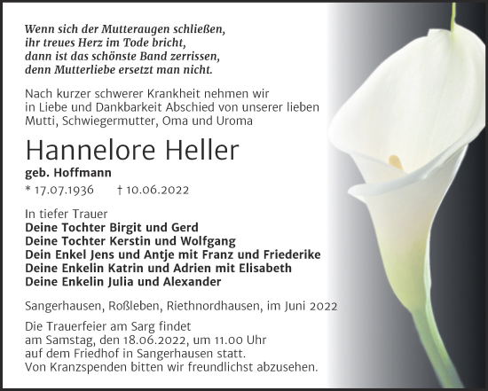 Traueranzeige von Hannelore Heller von Trauerkombi Sangerhausen