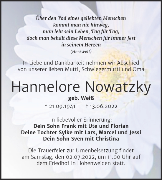Traueranzeige von Hannelore Nowatzky von Trauerkombi Merseburg