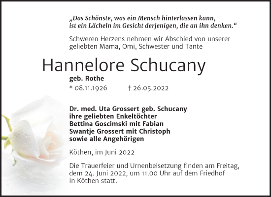 Traueranzeige von Hannelore Schucany von Mitteldeutsche Zeitung Köthen