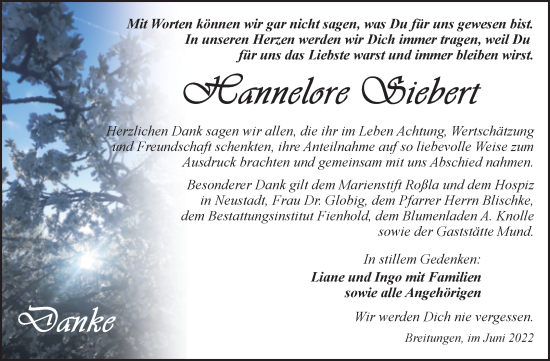 Traueranzeige von Hannelore Siebert von Trauerkombi Sangerhausen
