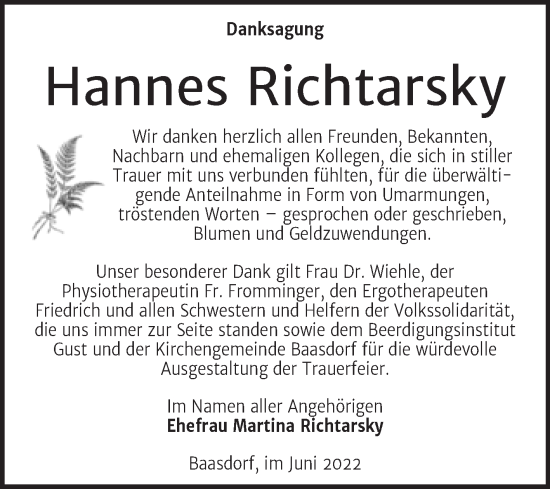 Traueranzeige von Hannes Richtarsky von Trauerkombi Köthen