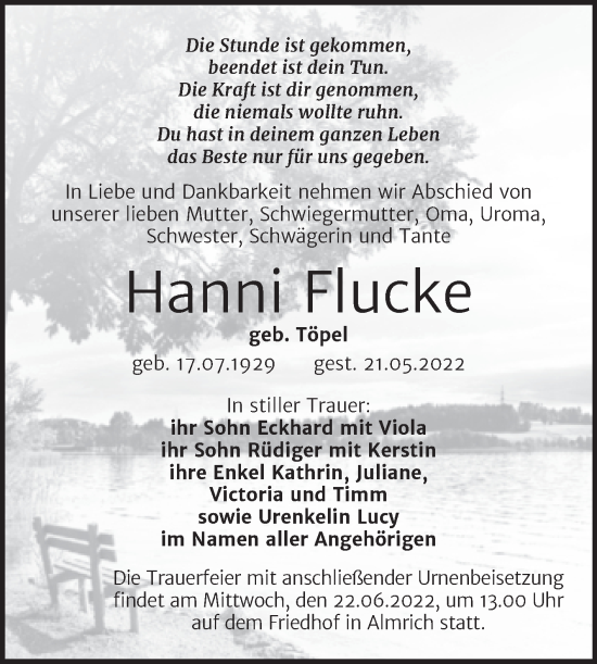 Traueranzeige von Hanni Flucke von Wochenspiegel Naumburg/Nebra