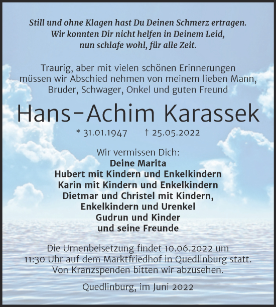 Traueranzeige von Hans-Achim Karassek von Trauerkombi Quedlinburg