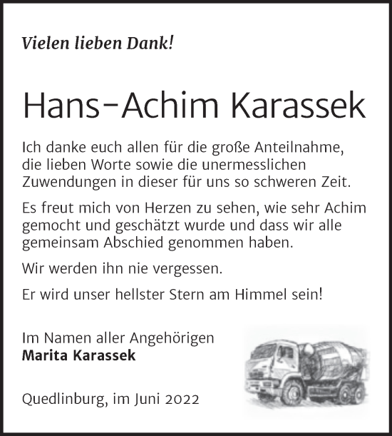 Traueranzeige von Hans-Achim Karassek von Trauerkombi Quedlinburg