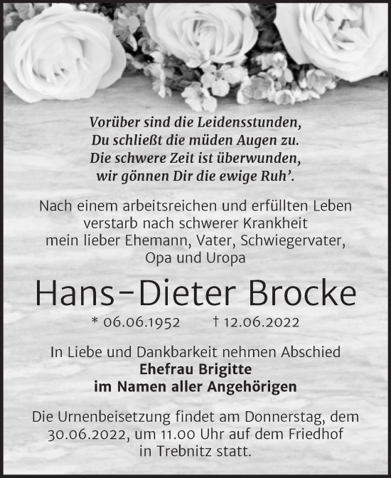 Traueranzeige von Hans-Dieter Brocke von Trauerkombi Bernburg