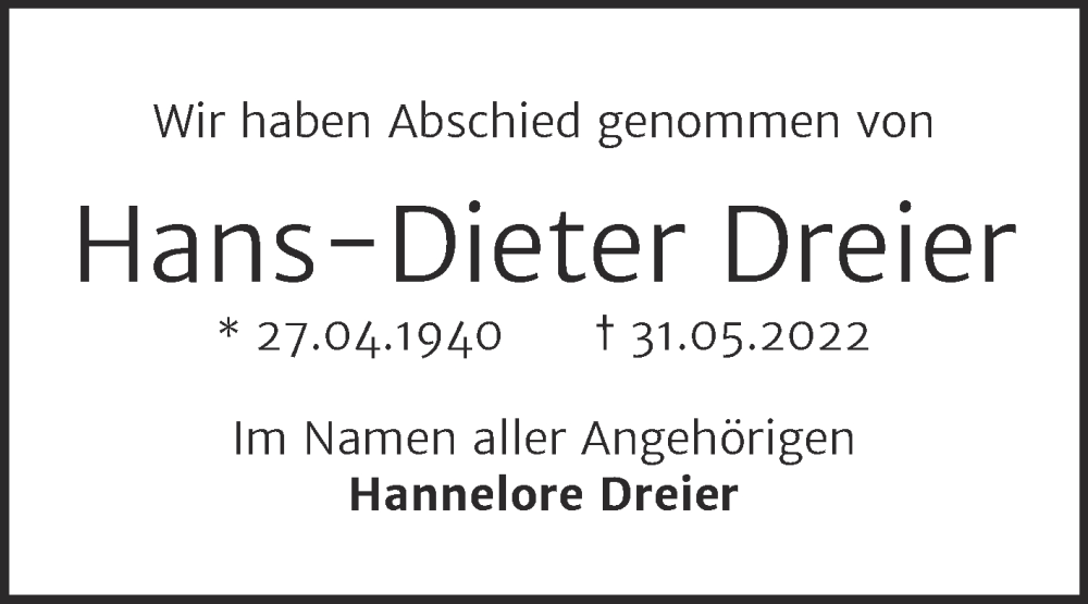  Traueranzeige für Hans-Dieter Dreier vom 15.06.2022 aus Trauerkombi Dessau