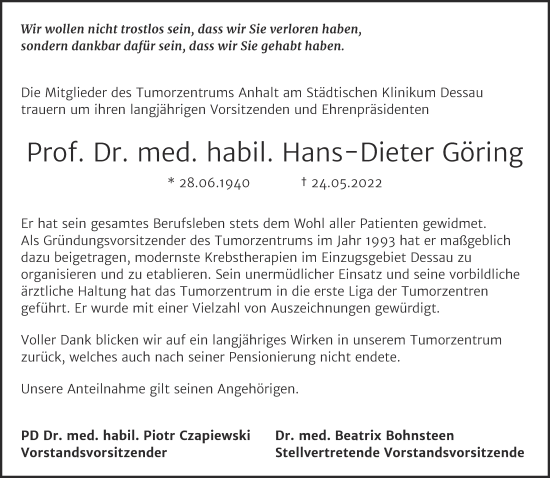Traueranzeige von Hans-Dieter Göring von Mitteldeutsche Zeitung Dessau-Roßlau