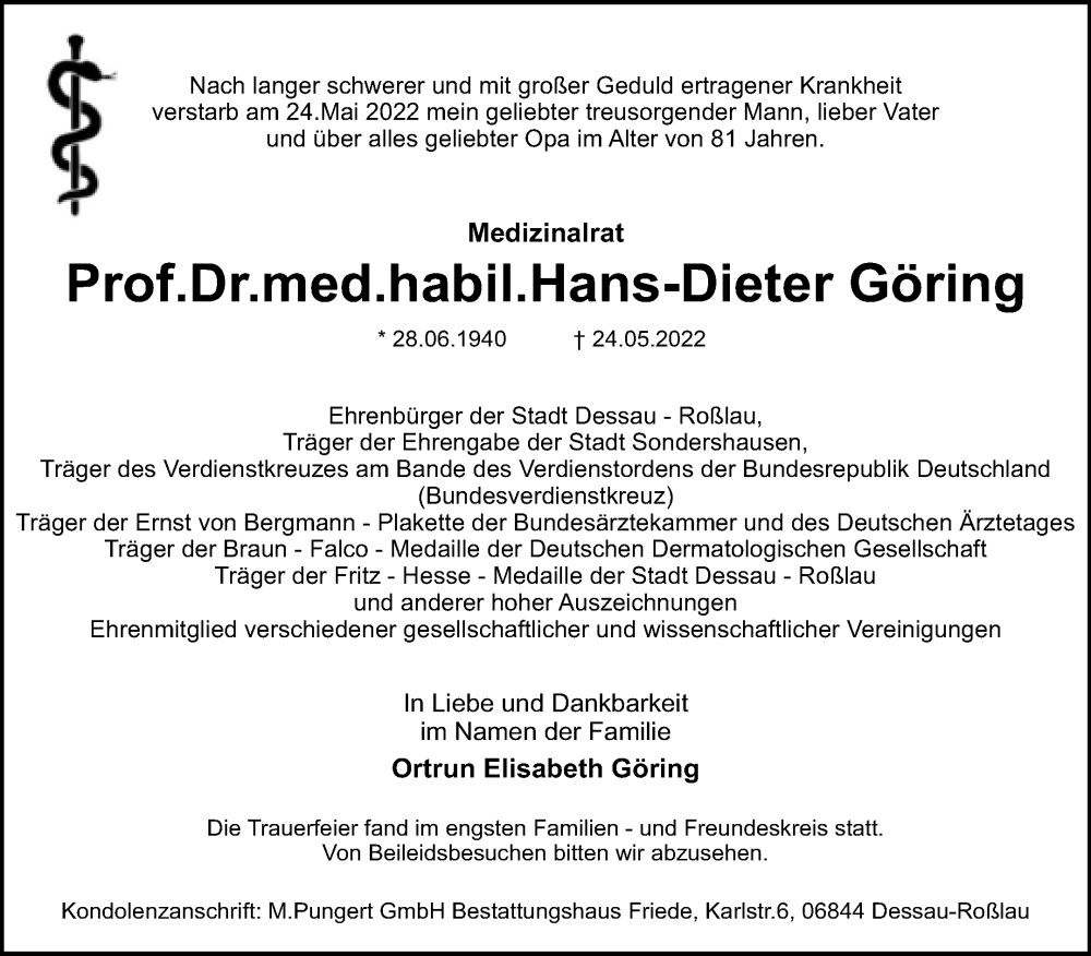  Traueranzeige für Hans-Dieter Göring vom 04.06.2022 aus Trauerkombi Dessau