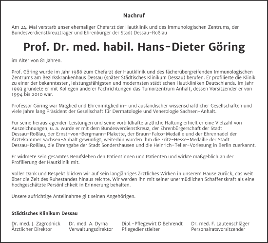Traueranzeige von Hans-Dieter Göring von Mitteldeutsche Zeitung Dessau-Roßlau