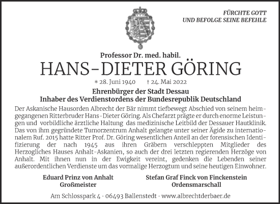 Traueranzeige von Hans-Dieter Göring von Trauerkombi Dessau
