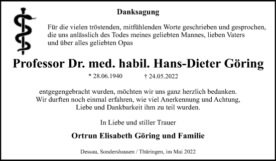 Traueranzeige von Hans-Dieter Göring von Trauerkombi Dessau