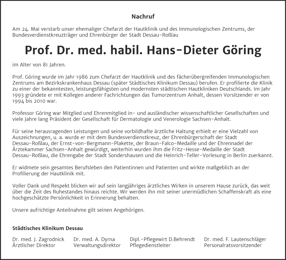  Traueranzeige für Hans-Dieter Göring vom 04.06.2022 aus Mitteldeutsche Zeitung Dessau-Roßlau