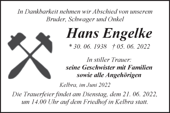 Traueranzeige von Hans Engelke von Mitteldeutsche Zeitung Sangerhausen