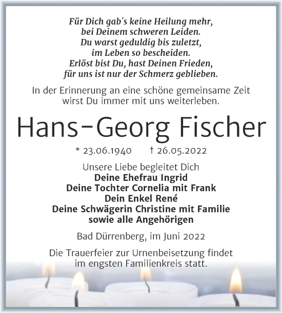 Traueranzeige von Hans-Georg Fischer von Trauerkombi Merseburg