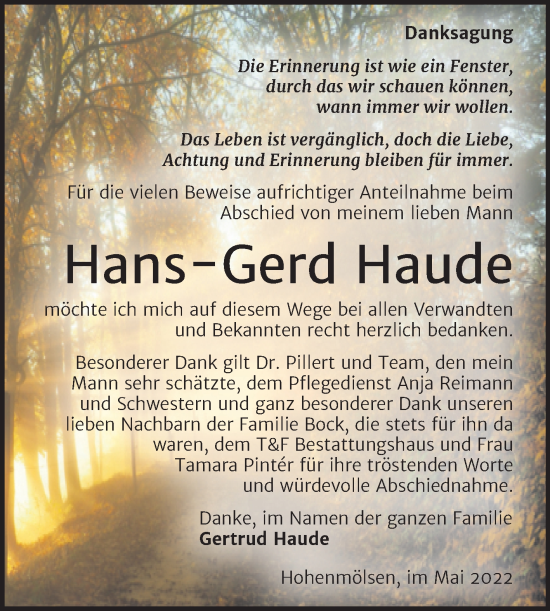 Traueranzeige von Hans-Gerd Haude von Trauerkombi Weißenfels