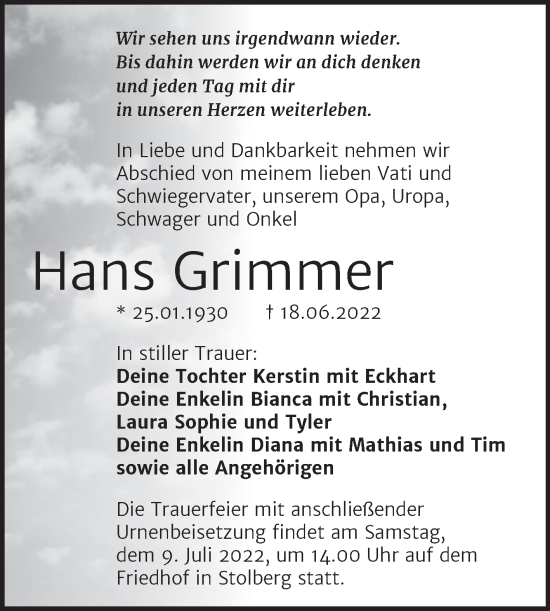Traueranzeige von Hans Grimmer von Trauerkombi Sangerhausen