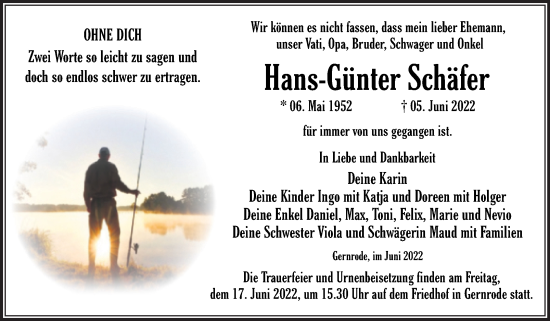 Traueranzeige von Hans-Günter Schäfer von Trauerkombi Quedlinburg