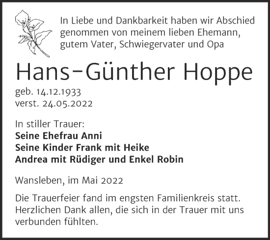 Traueranzeige von Hans-Günther Hoppe von Trauerkombi Mansfelder Land